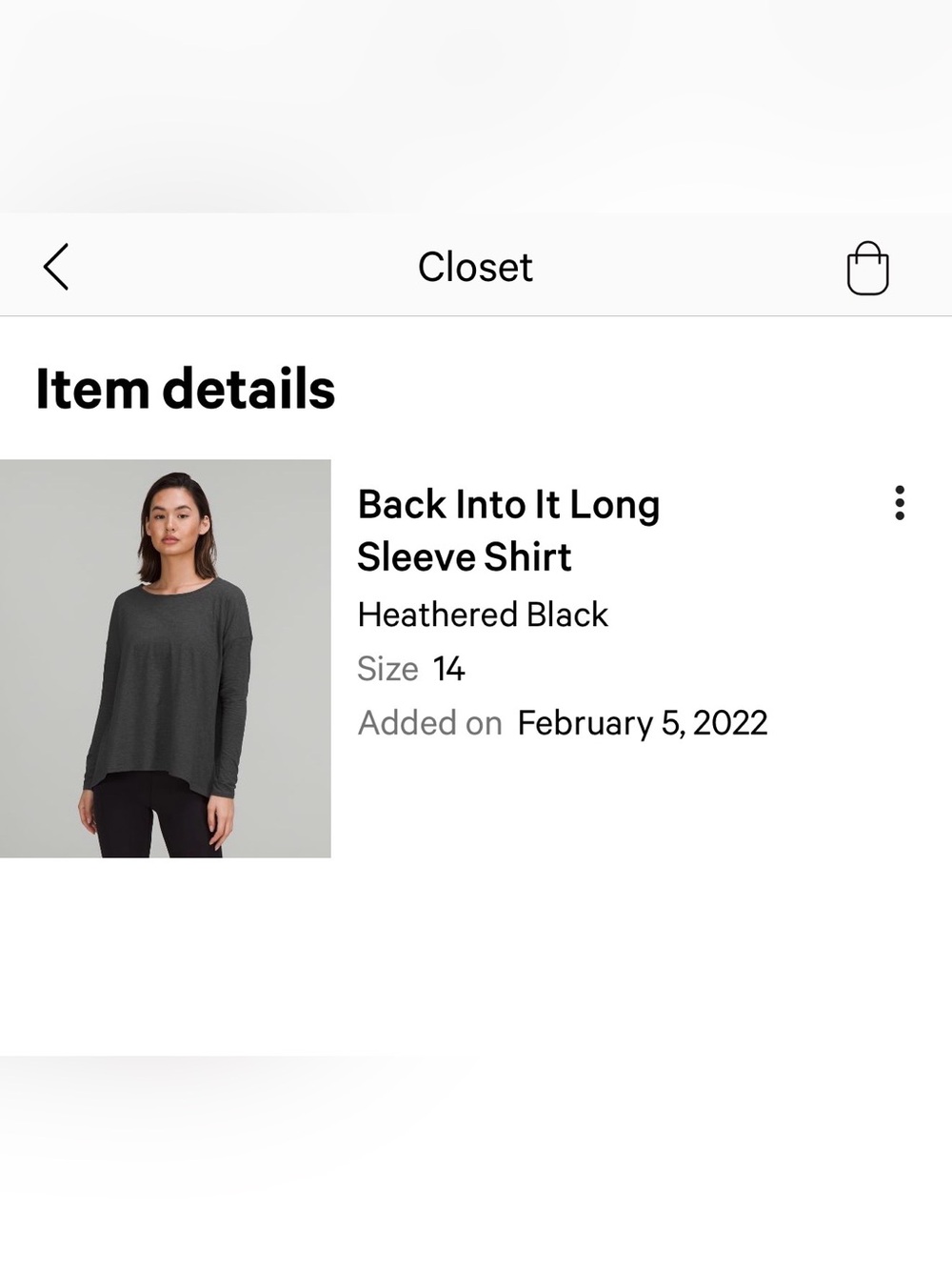 Lululemon Back Into It Long‎ Sleeve Shirt Size 14 in Heathered Black (Dark Gray) - Picture 7 of 7